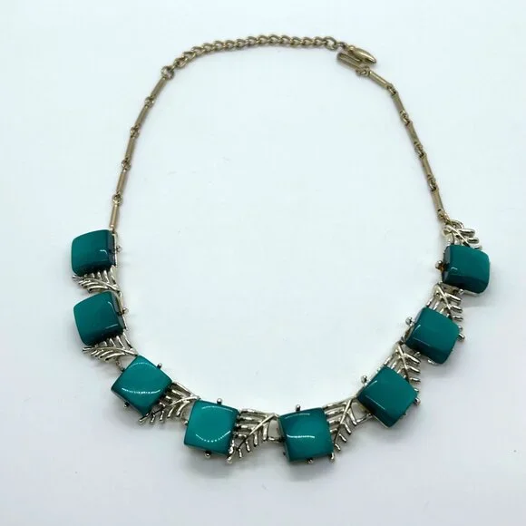 Vintage Coro Necklace Teal Thermoset Leaf Choker Necklace Mid Century Modern - Picture 3 of 16